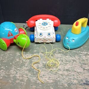 Vintage Fisher Price  pull toys Phone #747, Iron music box #125,  Tag A L turtle